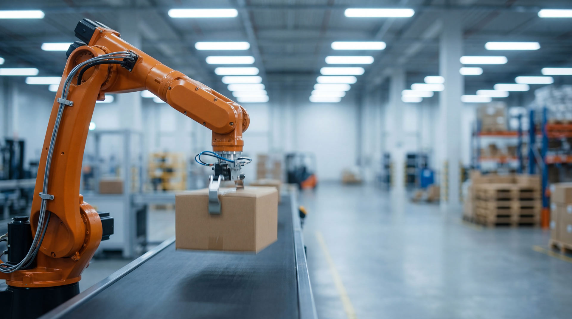 Roboterarm, der in einer Logistikhalle im privaten 5G Campusnetz sich um Pakete kümmert.